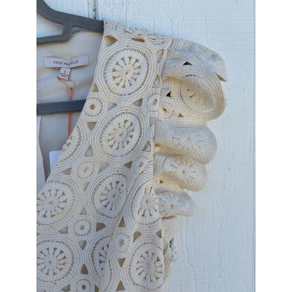 NWT Skies Are Blue Crochet Jumpsuit, Ruffle Sleeve, Ivory, Open Back, Size S - Picture 7 of 8